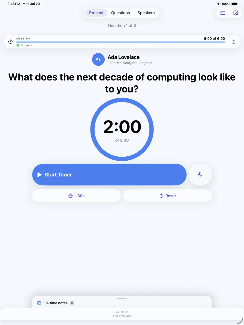 PanelPilot Present mode: question card with speaker and countdown ring