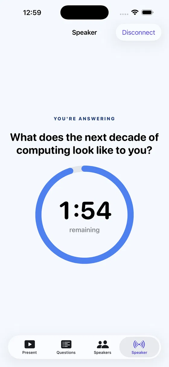 PanelPilot speaker view on iPhone with live countdown