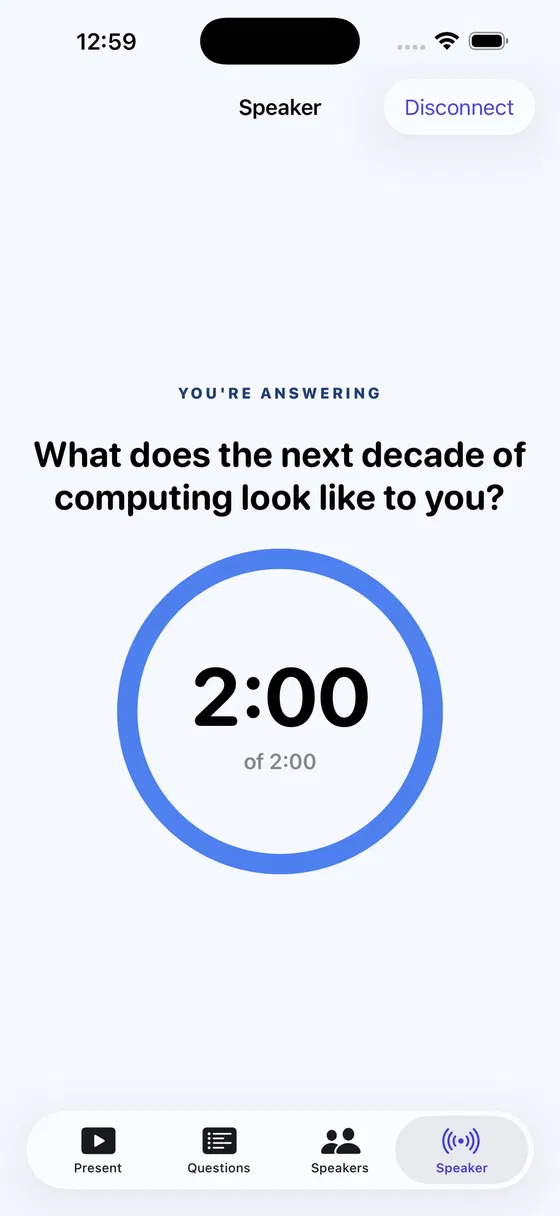 iPhone speaker view: You're answering, with question and timer